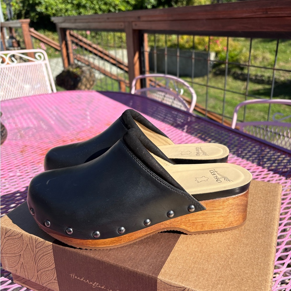 Dansko Andie Black Leather Mules with Brown Wooden Sole